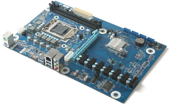  Top view of this motherboard, angled slightly to the left, showing ports/slots on the board, as well as ports and connectors at the rear I/O panel  